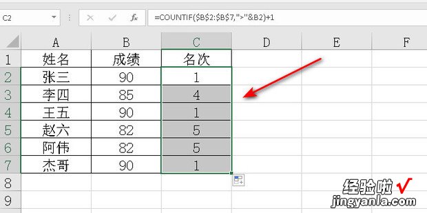 Excel并列分数只占同一个名次如何排名排序