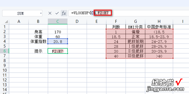 excel如何根据体重指数得出标准判断提示