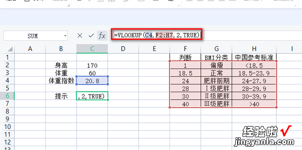 excel如何根据体重指数得出标准判断提示