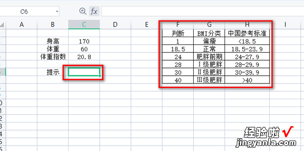 excel如何根据体重指数得出标准判断提示