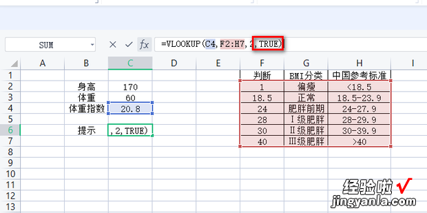 excel如何根据体重指数得出标准判断提示