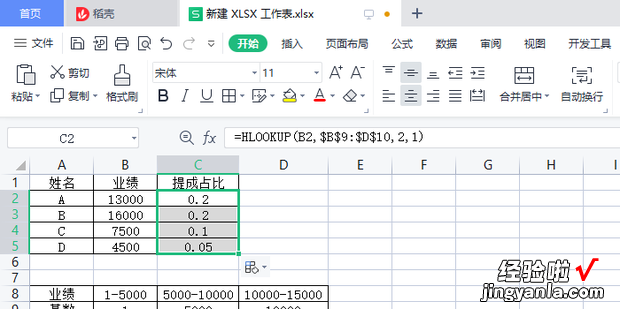 如何使用HLOOKUP根据区间计算销售提成占比