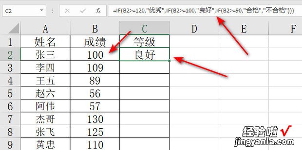 EXCEL表格如何使用if多层嵌套函数判断成绩等级，excel表格如何设置函数