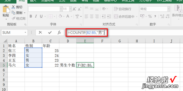 COUNTIF Excel如何统计男生个数