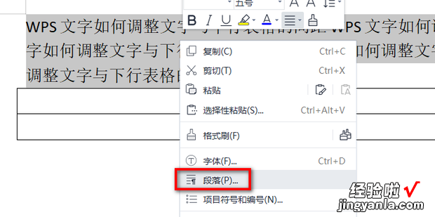 WPS文字如何调整文字与下行表格的间距