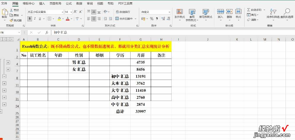 既不懂函数公式，也不懂数据透视表，那就用分类汇总实现统计分析