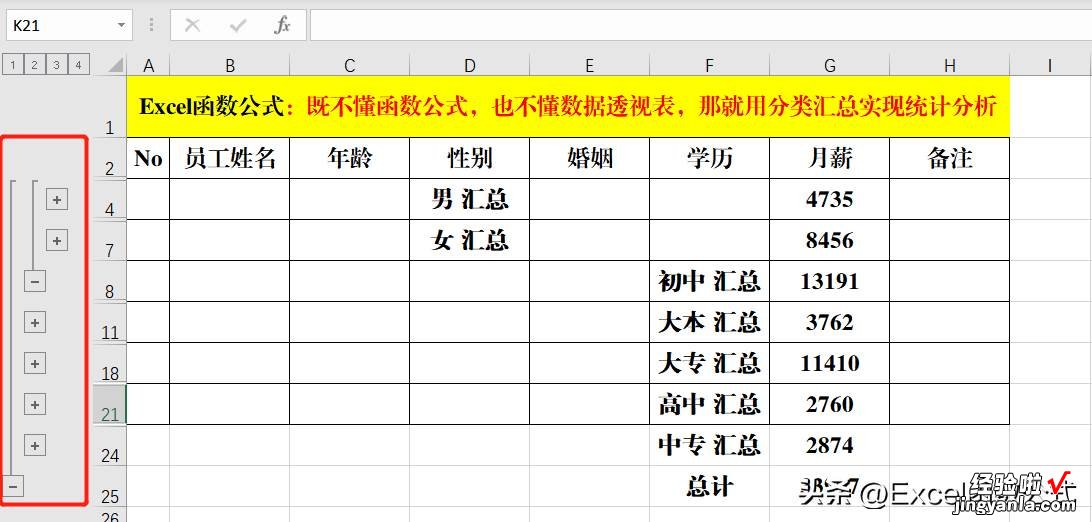 既不懂函数公式，也不懂数据透视表，那就用分类汇总实现统计分析