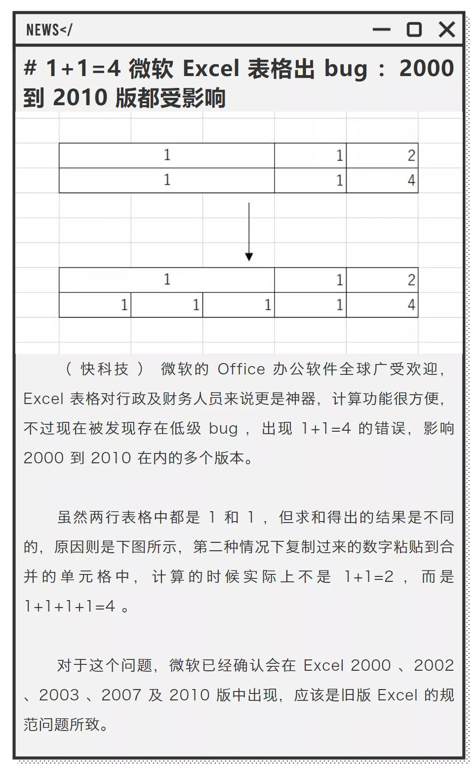 网传Excel爆出最新bug,1+1=4，快看你中招了吗？