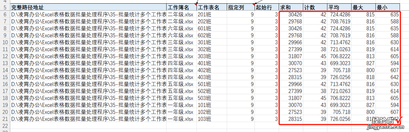 求和 计数 平均 最大 最小 35-批量统计多个工作表指定列数据