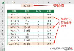 输入查找值，高亮显示符合条件的行