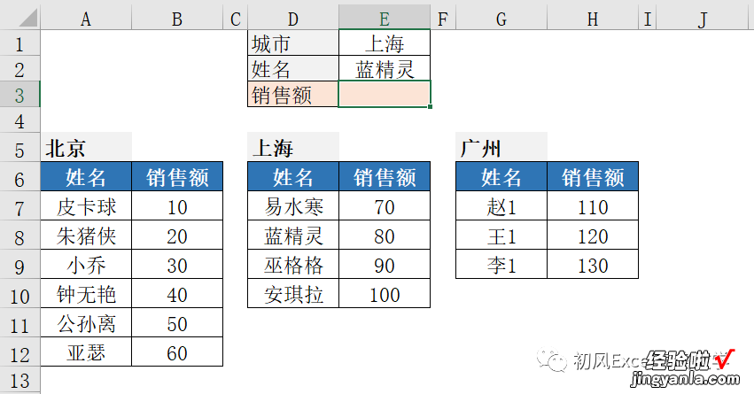 使用VLOOKUP函数在多个查找区域查找