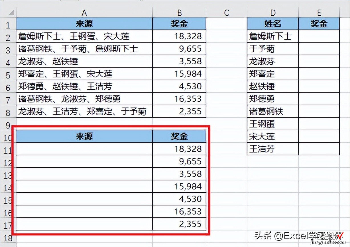 业绩归属为 Excel 合并单元格中的第一个人，如何快速按人求和？