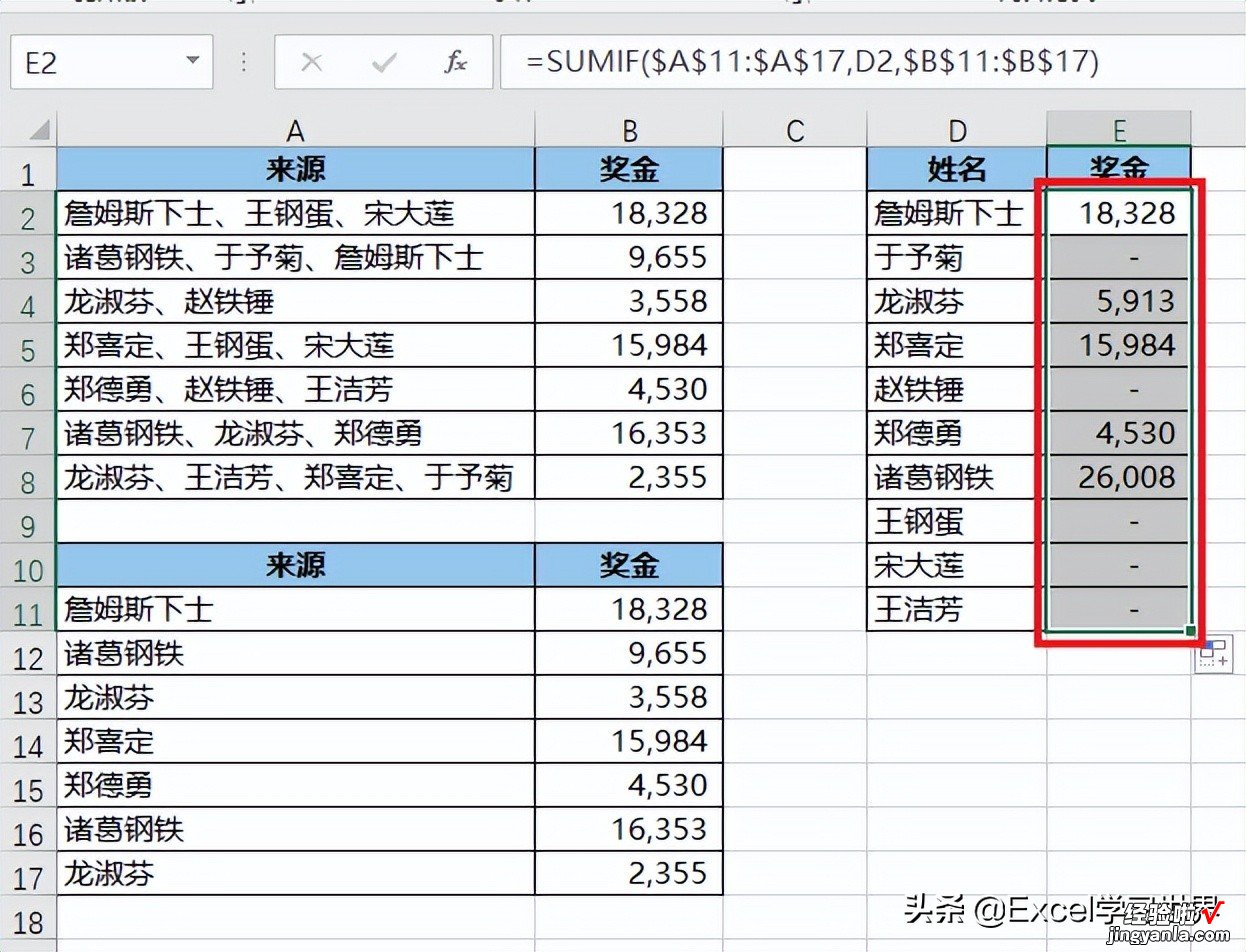 业绩归属为 Excel 合并单元格中的第一个人，如何快速按人求和？