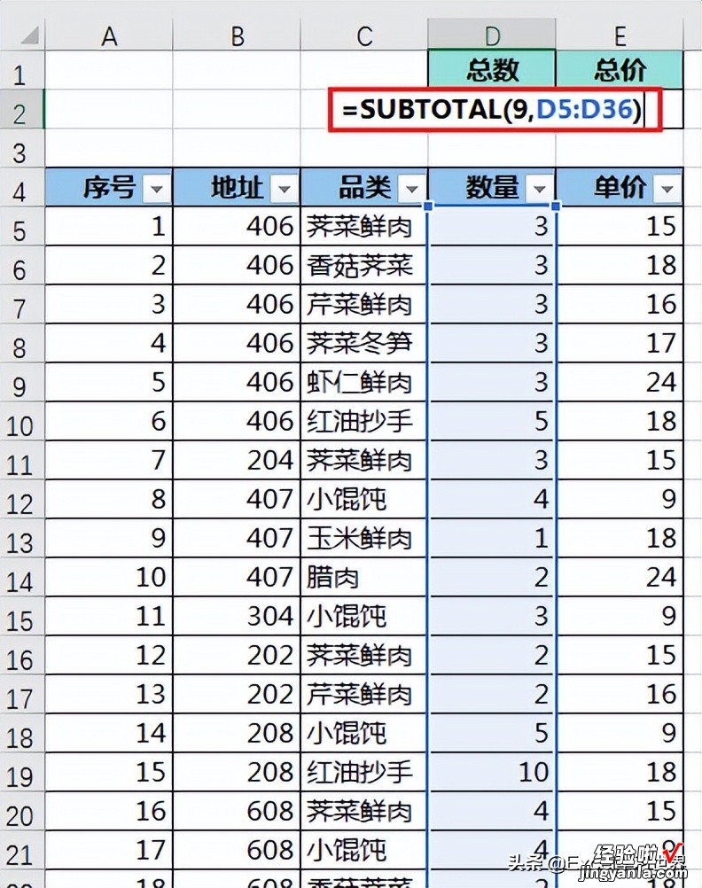 Excel 表格筛选后，编号、总数、总价计算能否动态只统计可见行？