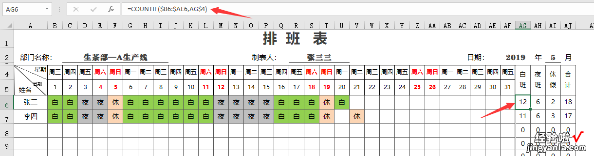 全自动单页排班表，两班倒统计，条件格式，函数统计自动完成