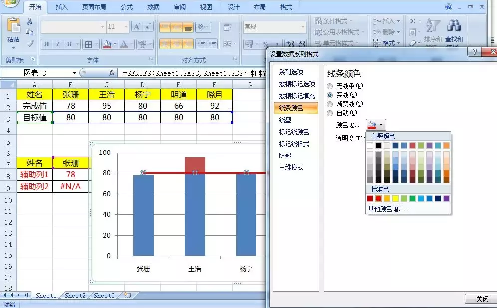 可变色柱形图你会做吗？超过目标值显示特殊颜色，只需四步搞定