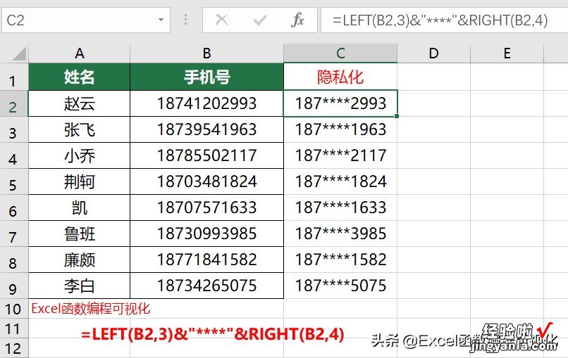 手机号隐藏中间4位，5种方法带你认识5个函数1个小技巧