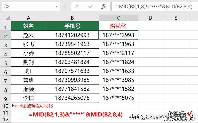 手机号隐藏中间4位，5种方法带你认识5个函数1个小技巧