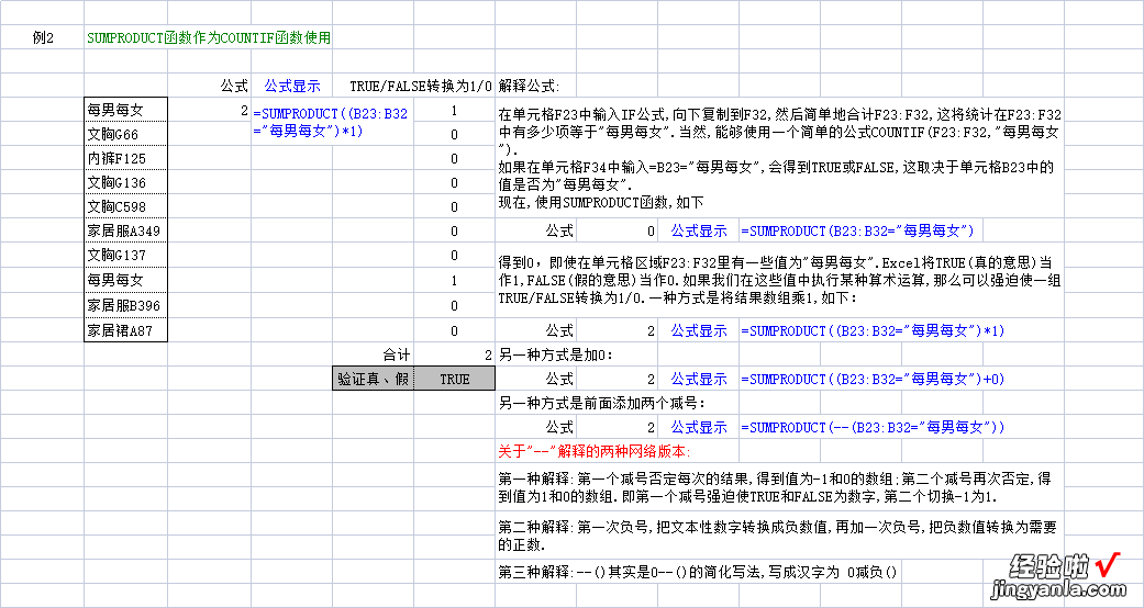 sumproduct函数：先计算多个数组的元素之间的乘积再求和