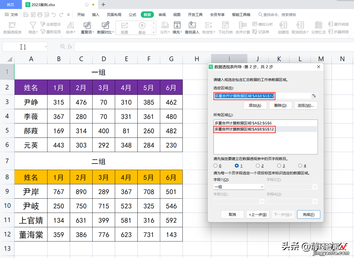 wps表格：多个数据区域创建数据透视表时，如何自定义页字段？